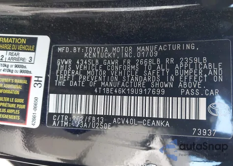 2009 Toyota Camry Le z USA, uszkodzony, nr VIN 4T1BE46K19U917699